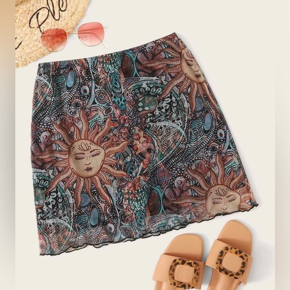 Abstract Print Trim Mesh Skirt